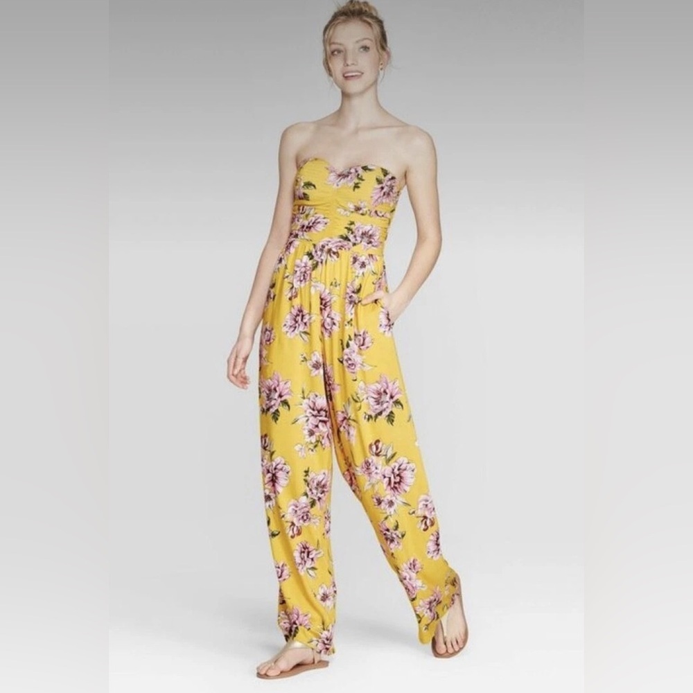 Vintage Exhilaration Yellow Floral Print Strapless Jumpsuit L